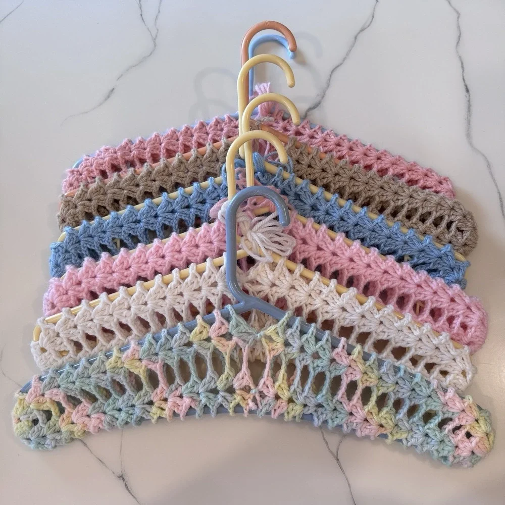 10 Vintage Handmade Crochet Clothes Hangers Colorful Yarn Cottage Core His & Her